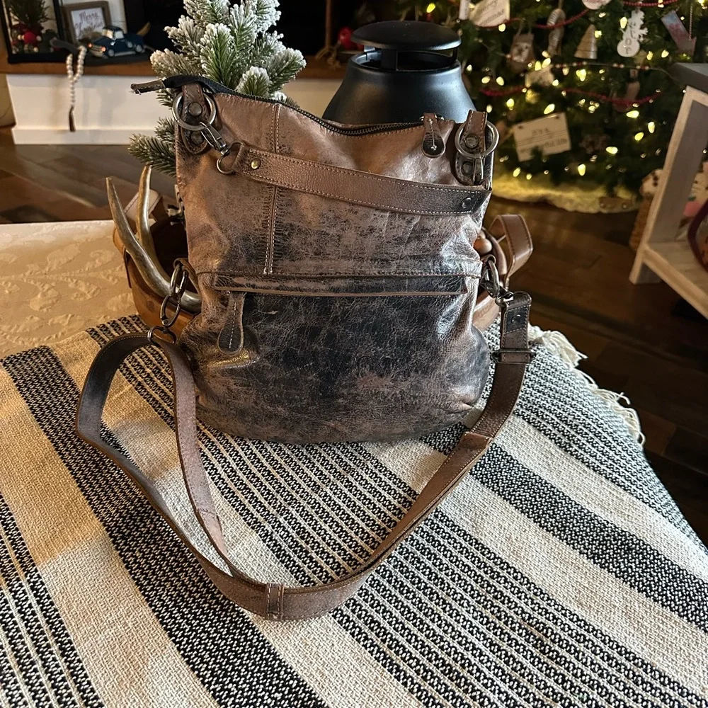 Bed Stu Two-Tone Leather Bag in Brown and Black - Picture 2 of 4